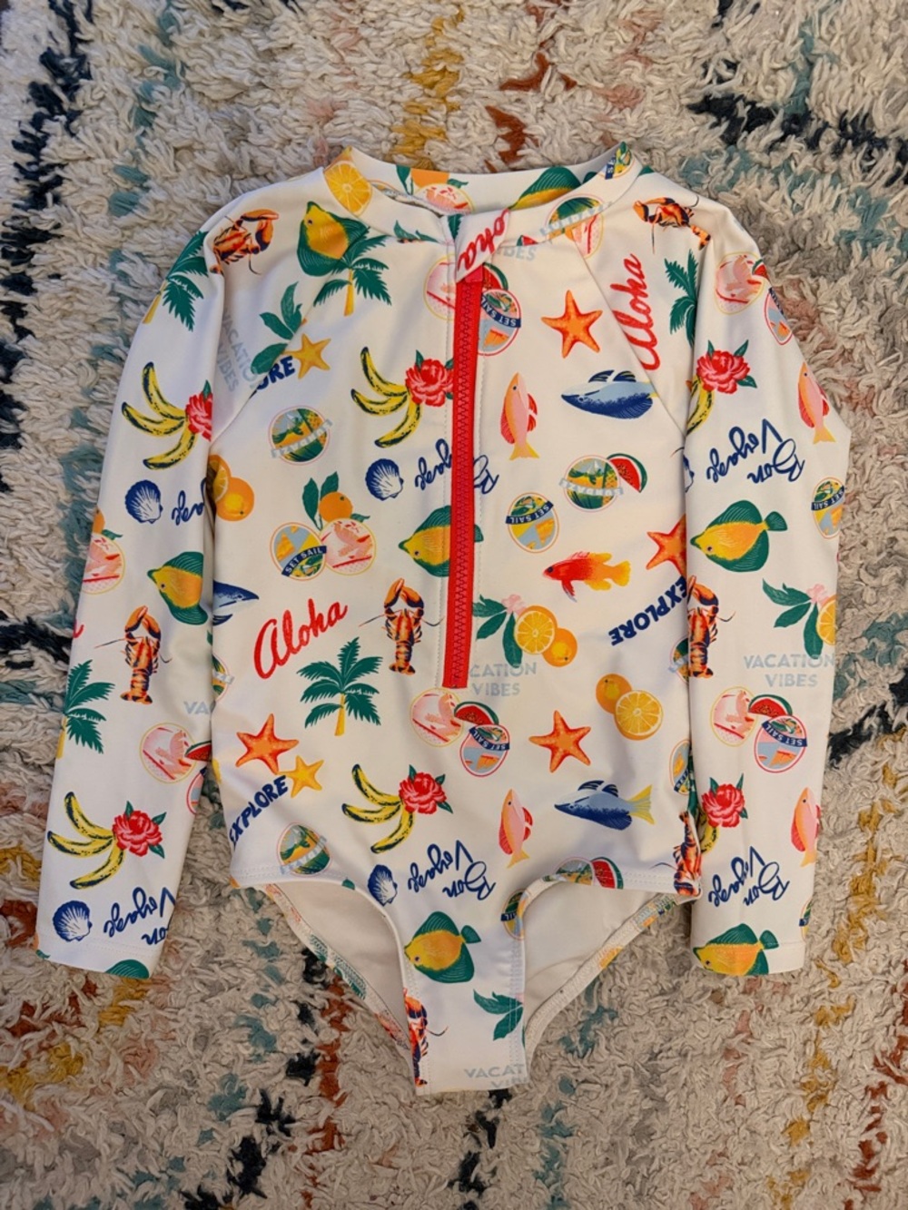 ✨5/$25✨White Tropical Print Long-Sleeve Girls One-Piece Swimsuit